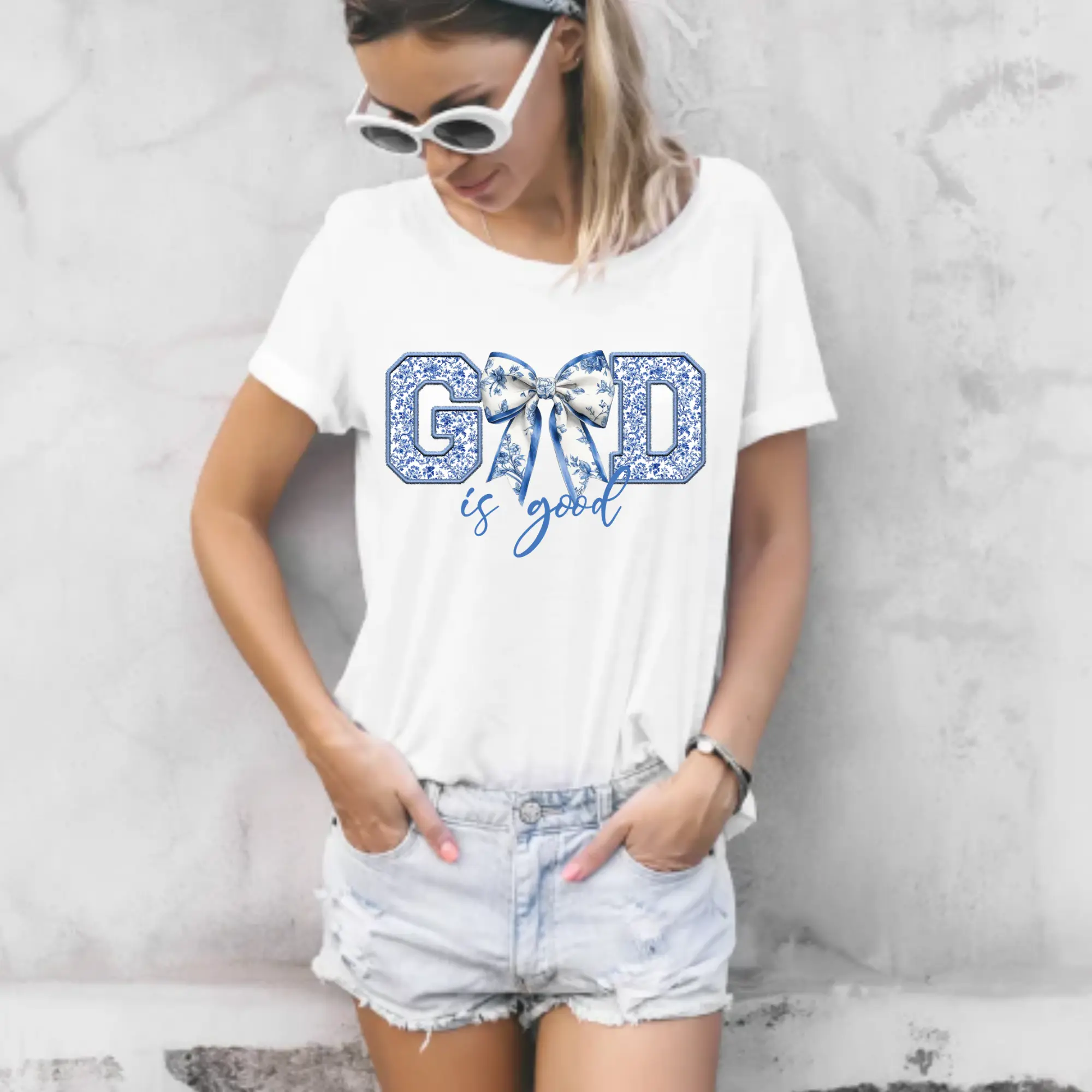 DTF Print Transfer for T-Shirts - Feminine "God Is Good" Design, Faux Embroidery, Floral Pattern, Specialty DIY Direct-to-Film Transfer