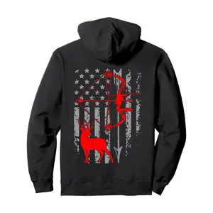 Deer Hunting American Flag Bow Hunting Patriotic Hunters Pullover Hoodie - Print On Back - Fashionable Cut with Front Pouch Pocket, Warm & Comfy for Everyday Daily Wear