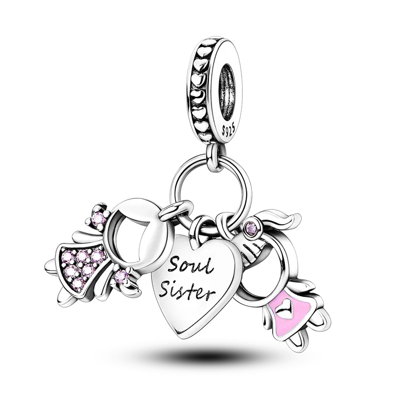 MULA Soul Sister Charm, 925 Silver-Plated Heart Pendant with Pink Zirconia for Female Adults, Casual Friendship Gift for Best Friends, Fits Pandora Bracelets, Charms & Pendants, Personalized Jewelry