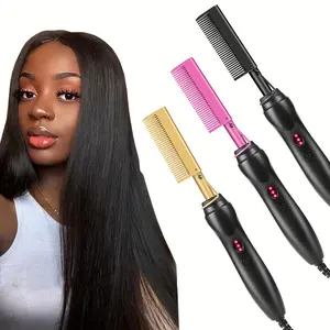 Portable Ceramic Hot Comb Hair Straightener & Curler – Copper Heat Press Styling Tool for Wet and Dry Hair, Beard, and Wigs – 110V, US Plug, Ergonomic Design with Comfort Grip small hot comb