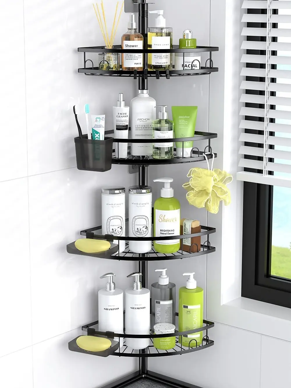 Corner Shower Caddy Standing: 4-tier Rustproof Shower Organizer Shelf - Floor Shower Corner Shelf Rack Stand for Bathroom Black