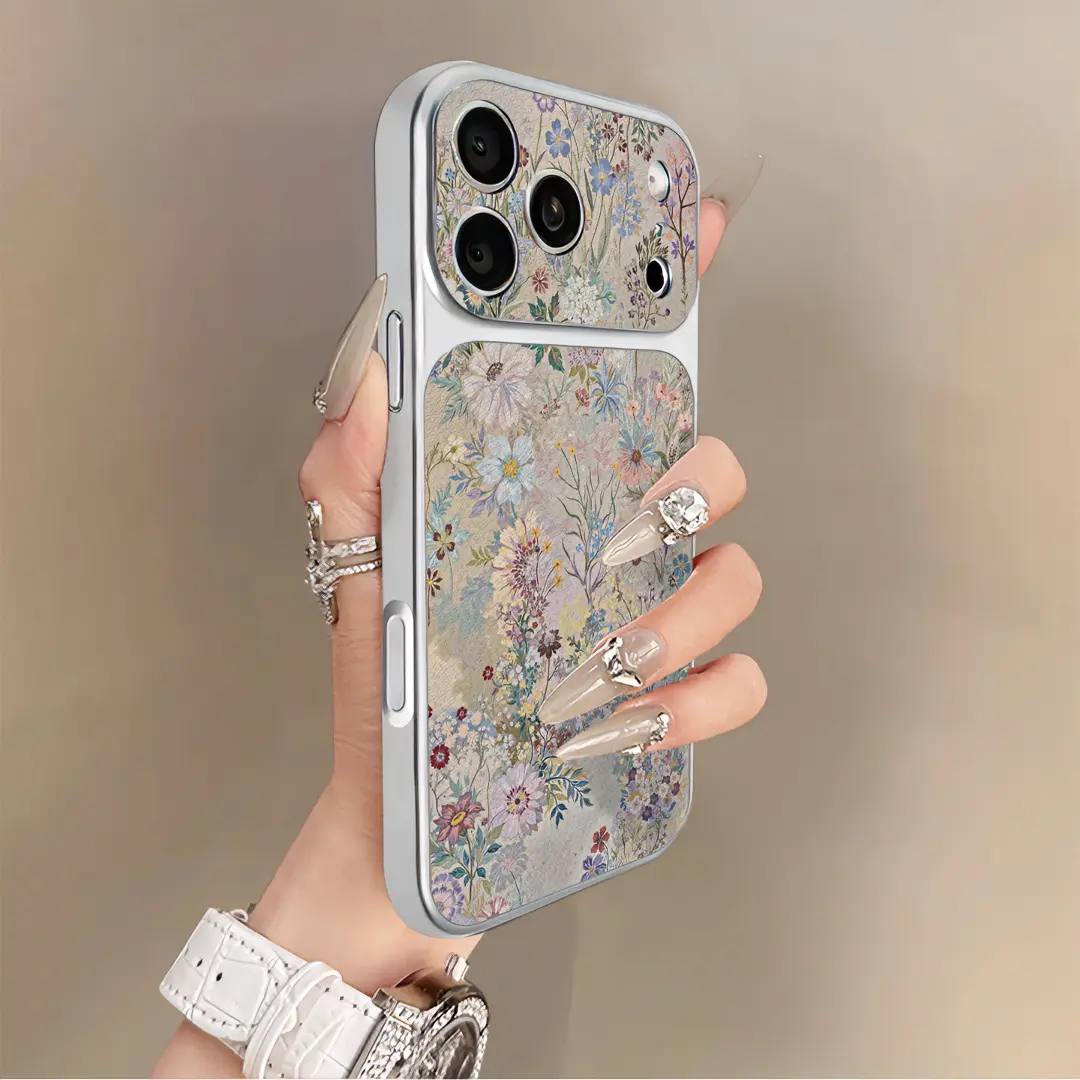 Genuine Lambskin Smartphone Case - Customized Floral Wildflower Design, Wrist Strap, Anti-Scratch Protection, Compatible with iPhone 13 Pro,14,15,16,17 Pro Max (Sheepskin Mobile Phone Accessory)