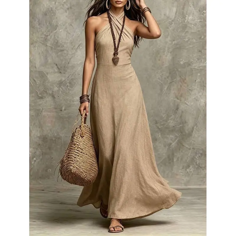 Women's Solid Khaki Long Criss-Cross Halter Neck Sleeveless Sexy Dress - Formal, Elegant, Casual Womenswear