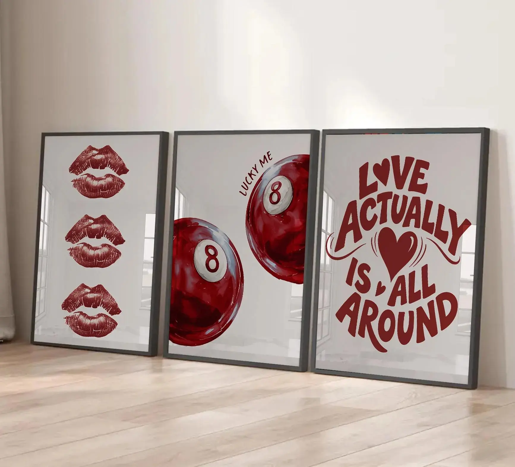 Love Actually Wall Art Set - Red Typography 8 Ball & Lips Posters for Home Decor