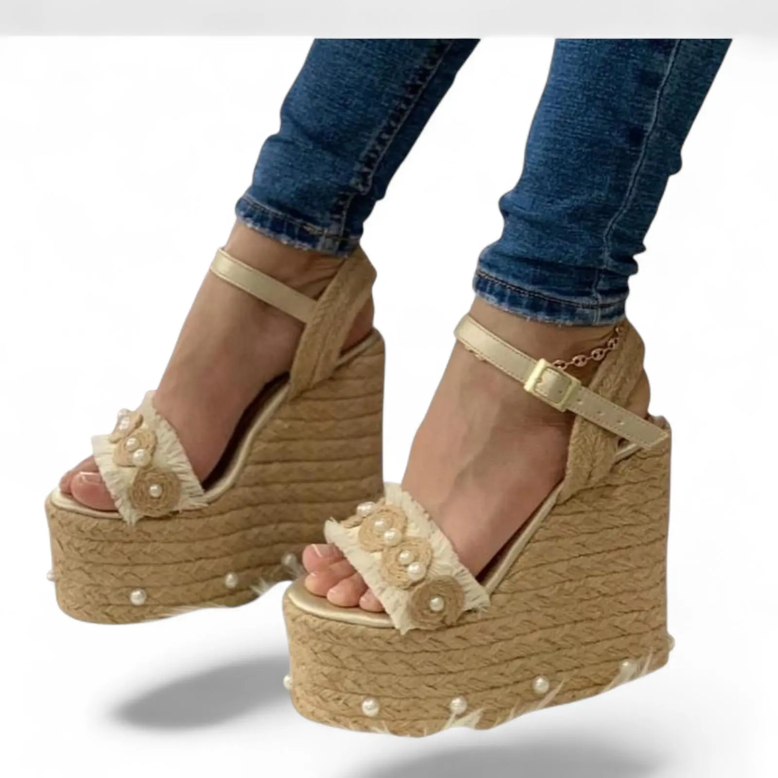YRMODA Women's Elegant Party Heels - 15cm Block Heel Jute Platform Shoes, Bedazzled Pearl Decor, Buckle Adjustable Strap Bedazzled Pearl & Buckle Platform Wedges & Flatforms, Classy Heeled Shoe, Height Boosters, Pearls