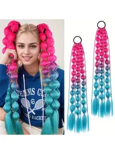 [Festive Gradient Bubble Braids Topper]2 pcs Women'S Gradient Colorful Bubble Braids Hair Topper, Synthetic Braided Hair, High Temperature Fiber, Festive Ponytail Clip-On Extensions for Children