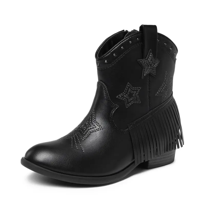 Dream Pairs Girls' Star Embroidery Western Cowgirl Low Booties - Soft Faux Leather, 1-3cm Low Heel, Lightweight, Tassel Trim, Inside Zipper, 10-11 Years Size, All-Season Everyday & Outdoor Wear
