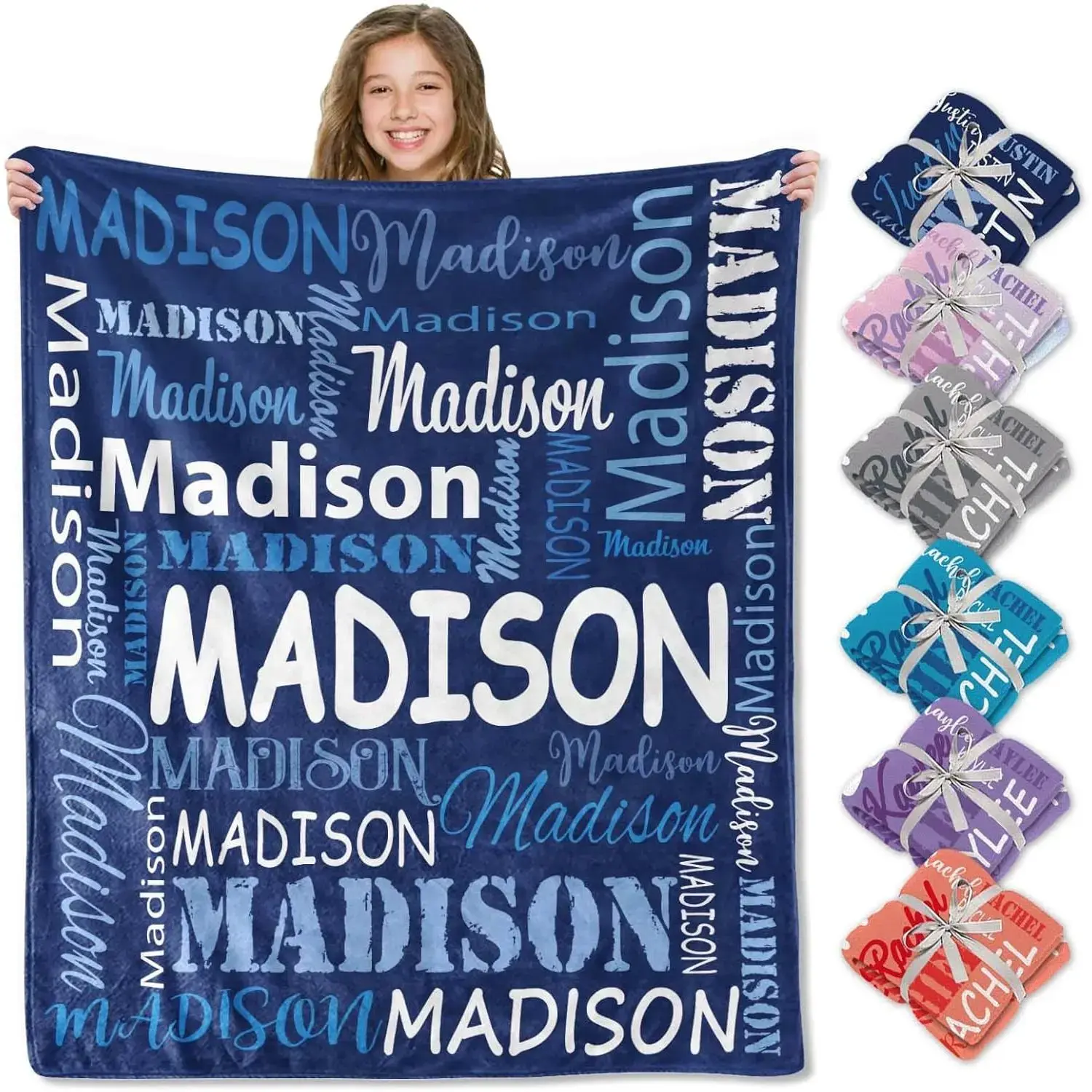 Personalized blankets and throw pillows. Customized personalized blankets (with names). Customized flannel blankets for children. Christmas, holiday and anniversary blanket gifts suitable for girls and boys.   specifying the color and your name.