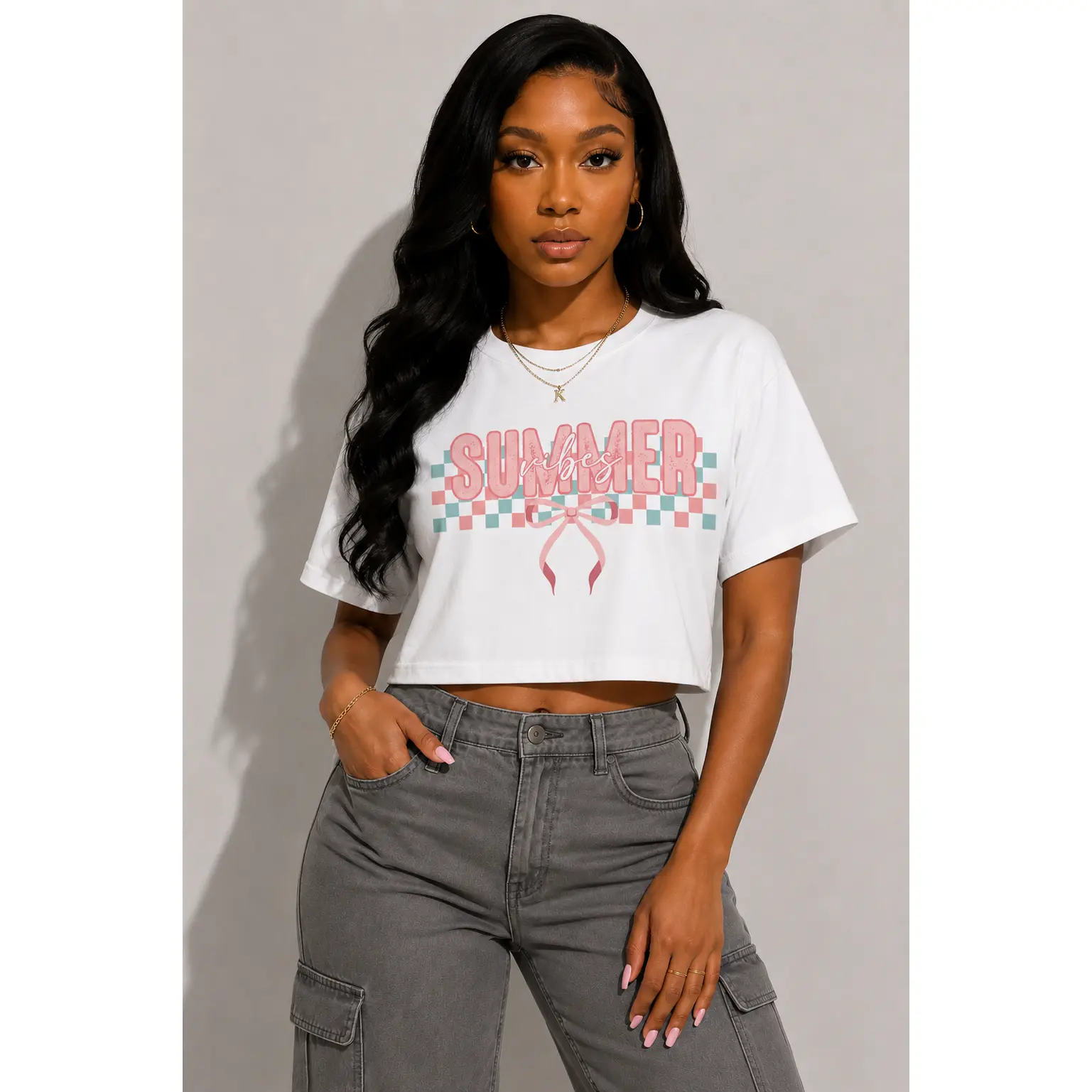 Summer Checkered Graphic Crop Tee | Pink Retro Ribbon Design