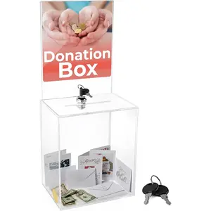 Suggestion Donation Box, Size 16" x 8" x 6" Clear Donation Box for Fundraising with Lock & Display Sign Holder, Raffle Ticket Box, Tip Box, Secure Ballot Box and Suggestion Box with Slot,