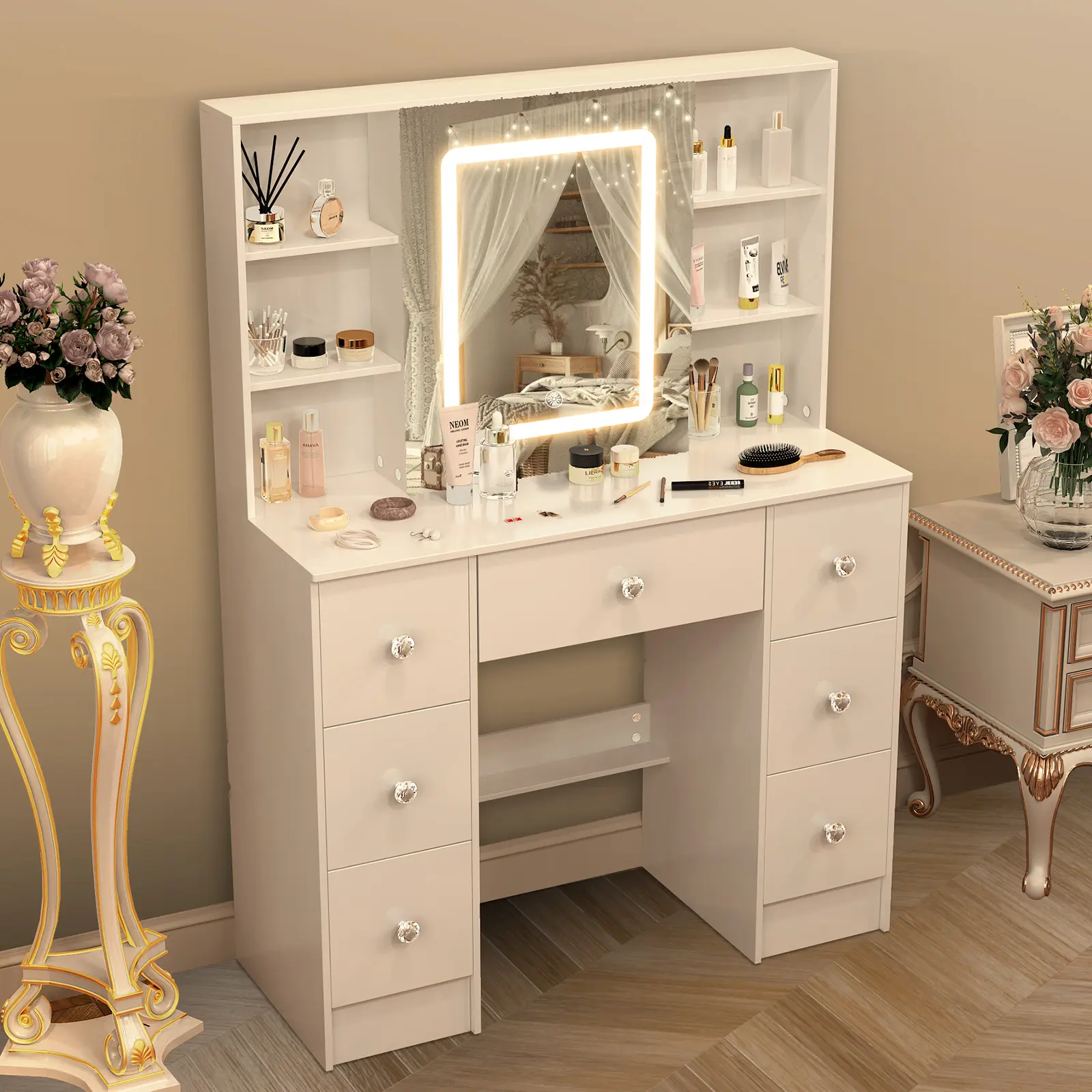 White Makeup Vanity Desk with Sliding Mirror and LED Lights, Dimmable 3 Color Modes, 7 Drawers & Storage Shelves, for Bedroom