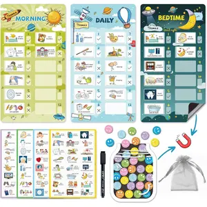 Magnetic Bedtime/Morning/Daily Routine Chart for Kids with Reward Jar-Bedtime Checklist Toddler Reward Jar,Magnetic Chore Chart for Kids,Daily Routine Reward Chart -Outer Space