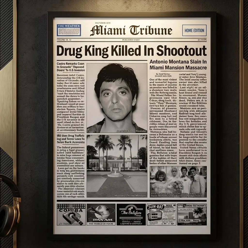 Scarface Tony Montana Newspaper Poster Print - High-Quality Solid Wood Framed Waterproof Canvas Wall Art, Decor for Room, Collectible Gift for Movie Enthusiasts