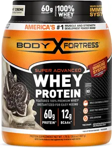 Body Fortress Super Advanced Whey Protein Powder, Cookies N’ Creme, 60g Protein & 12g BCAAs, Muscle Gain & Recovery, with Vitamins C & D, 1.78lbs