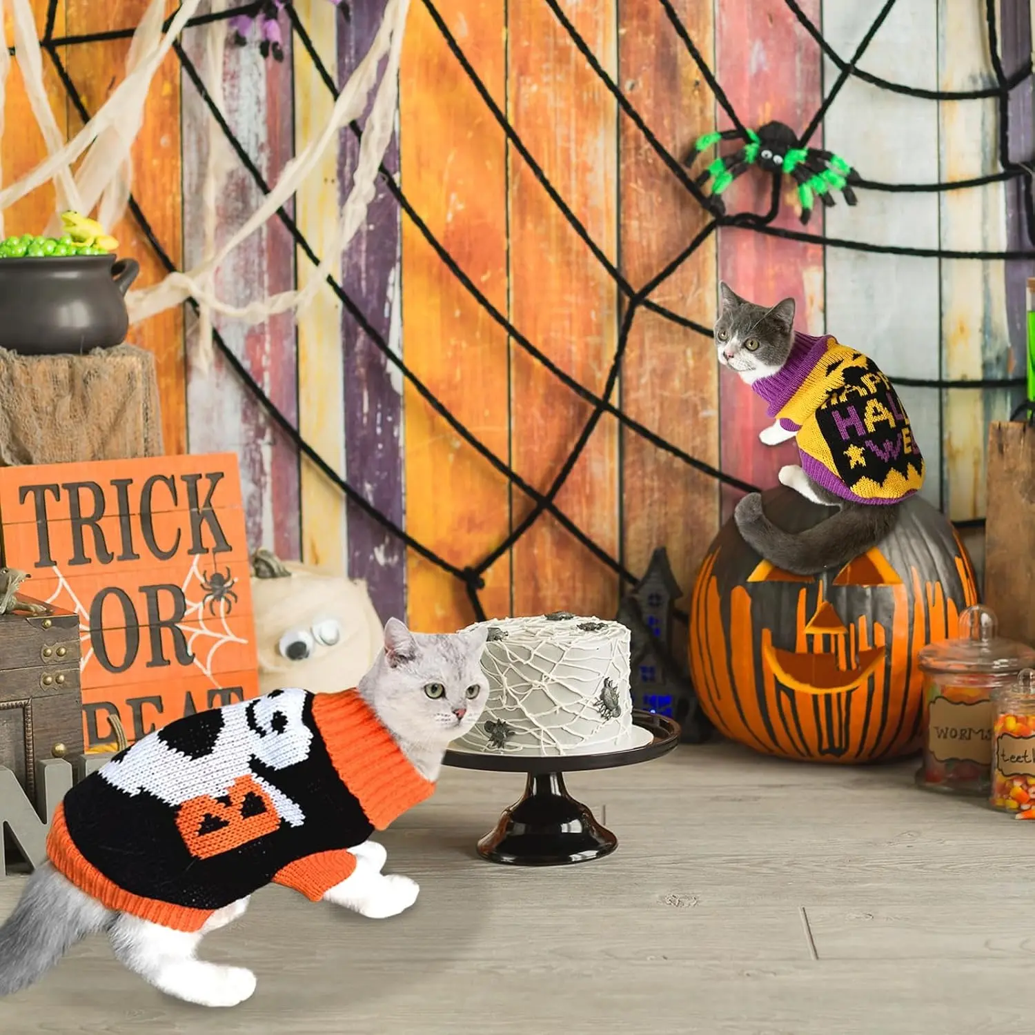 2Pcs Halloween Dog Sweaters Kitten Cat Knitwear Puppy Cat Halloween Pumpkin Ghost Sweater Pet Halloween Sweater Clothes Outfit Costume for Kittens Cats Puppies Small Medium Dogs XS
