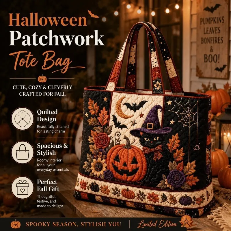 Women'S Vintage Patchwork Quilted Tote Bag Suitable for Halloween & Autumn - Large Capacity Quilted Handbag with Black Cat, Bat