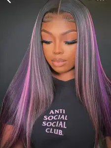 Dark with Pink Highlights on Straight Hair Pre-Plucked Hairline Heat Resistant Synthetic Hair 28 Inch Gift for Her Free Part for Natural  Look