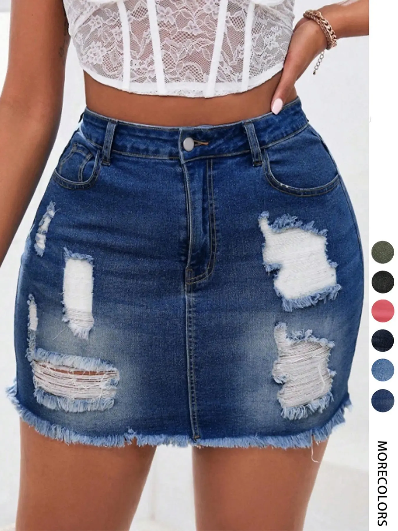Women's Distressed Fit Button Denim Skirt, Womenswear Fashion Casual Ripped Short Skirt for Daily Outdoor Wear, Micro Skirt, Ladies Bottoms for Summer, Essential