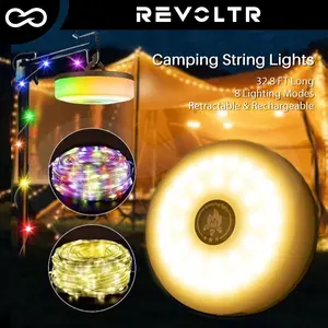 Retractable Rechargeable Camping String Lights 2 in 1 Portable 32.8ft Waterproof Outdoor Magnetic Decorative Lamp Adjustable 8 Lighting Modes RGB Color Multifunctional LED Light for Holiday Valentine Decor Camping Tent Hiking Glow