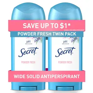 Secret Antiperspirant and Deodorant for Women, 24hr Sweat & Odor Protection, PH Balanced Protection, Gentle on Skin, Wide Solid, Powder Fresh Scent, 2.7 oz (Pack of 2)