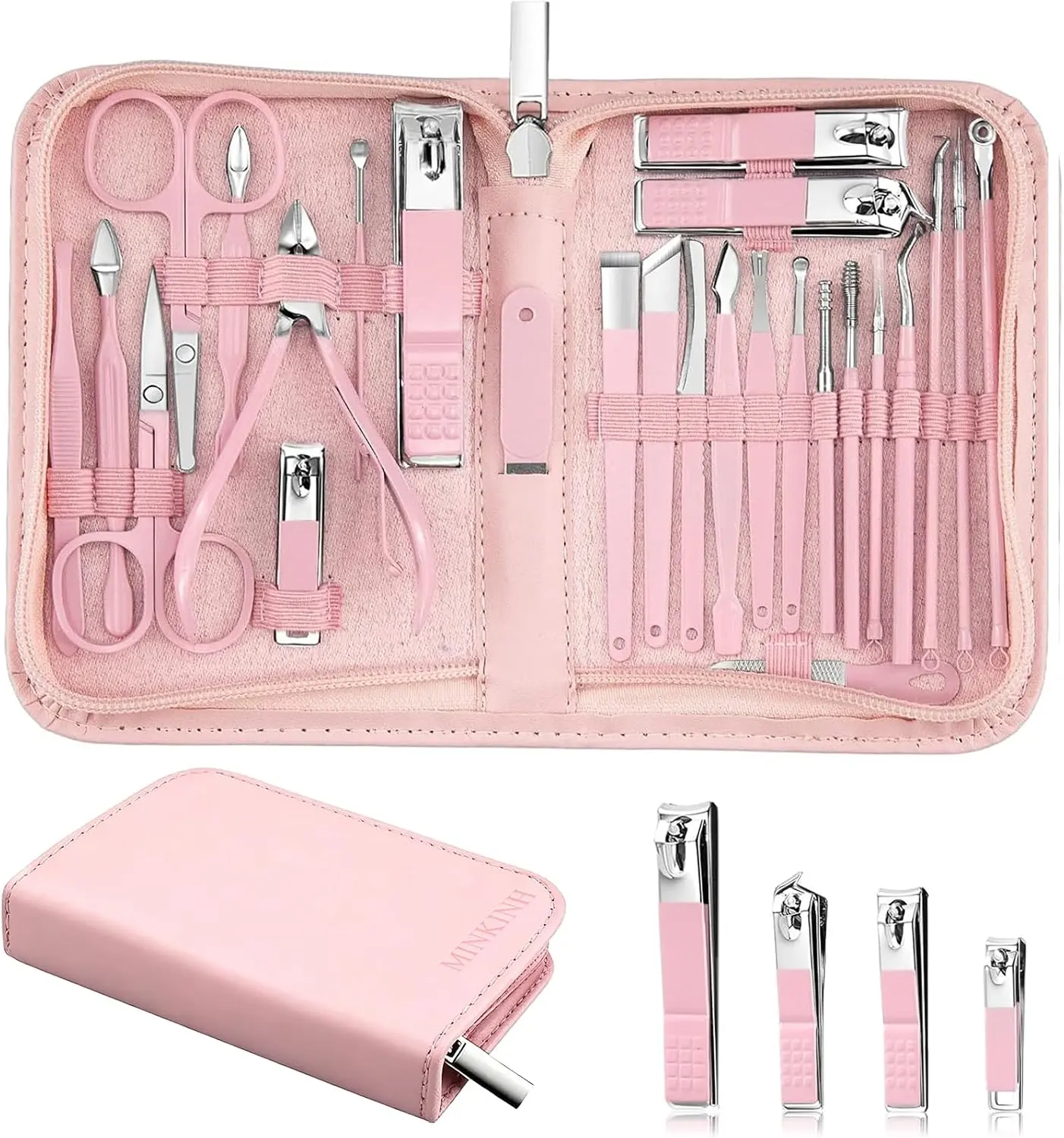 MINKINH 26-Piece Professional Manicure Set，Features Stainless Steel Tools, Carbon Steel Clippers & Travel Case for Women's Home and Travel Grooming(Pink)