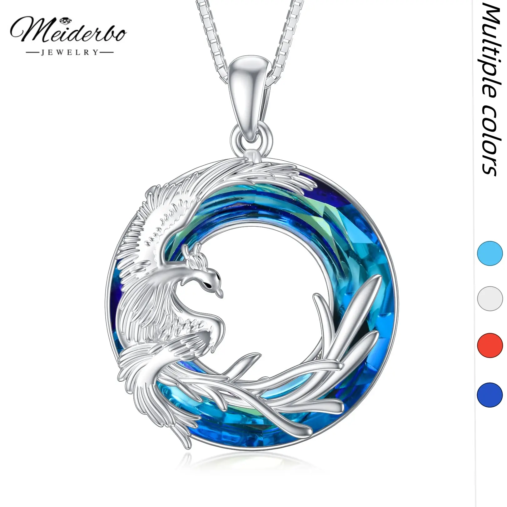MEIDERBO S925 Sterling Silver Phoenix Blue Crystal Pendant Necklace - Hypoallergenic Animal Charm, Immortality Symbol, Collectibles, Adjustable Length, Everyday Clothing Accessory, Meaningful Gifts for Women (Birthday Love Token), Nickel And Lead Free, Ph