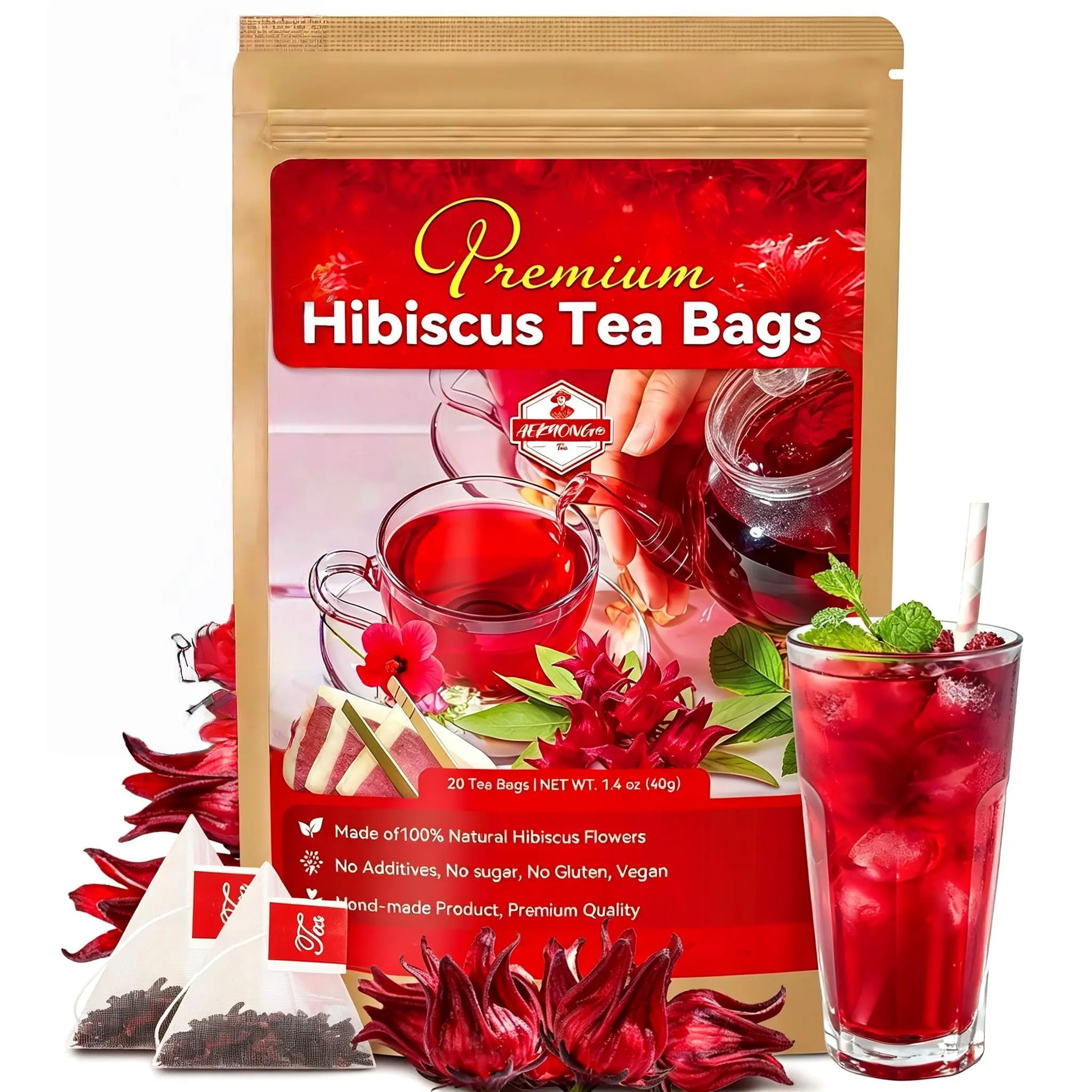 Organic Hibiscus Tea Bags, Pure Roselle Flower Herbal Tea, No Additives Caffeine Free, Support Digestion & Refresh
