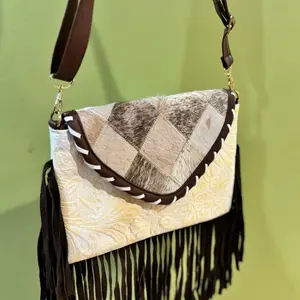 Bandoleras Leather Crossbody Bag with Fringe and Patchwork Design
