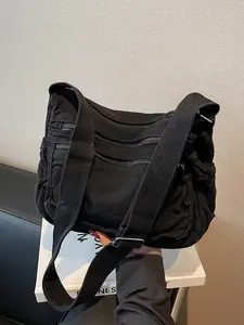 Ladies' solid color retro multi pocket canvas crossbody bag, fashionable and simple daily commuting easy to match with shoulder bag Casual Messenger Bags