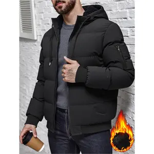 Winter Plush Jacket with Hood & Full-Zip Front Thick Warm Coat Filled Solid Color Casual Outerwear for Cold Weather Regular Fit Easy Care Menswear Hoodie Beige Zipper Long Sleeve Long Sleeve Makapal winter large size non-woven fabric thick puffer coat out