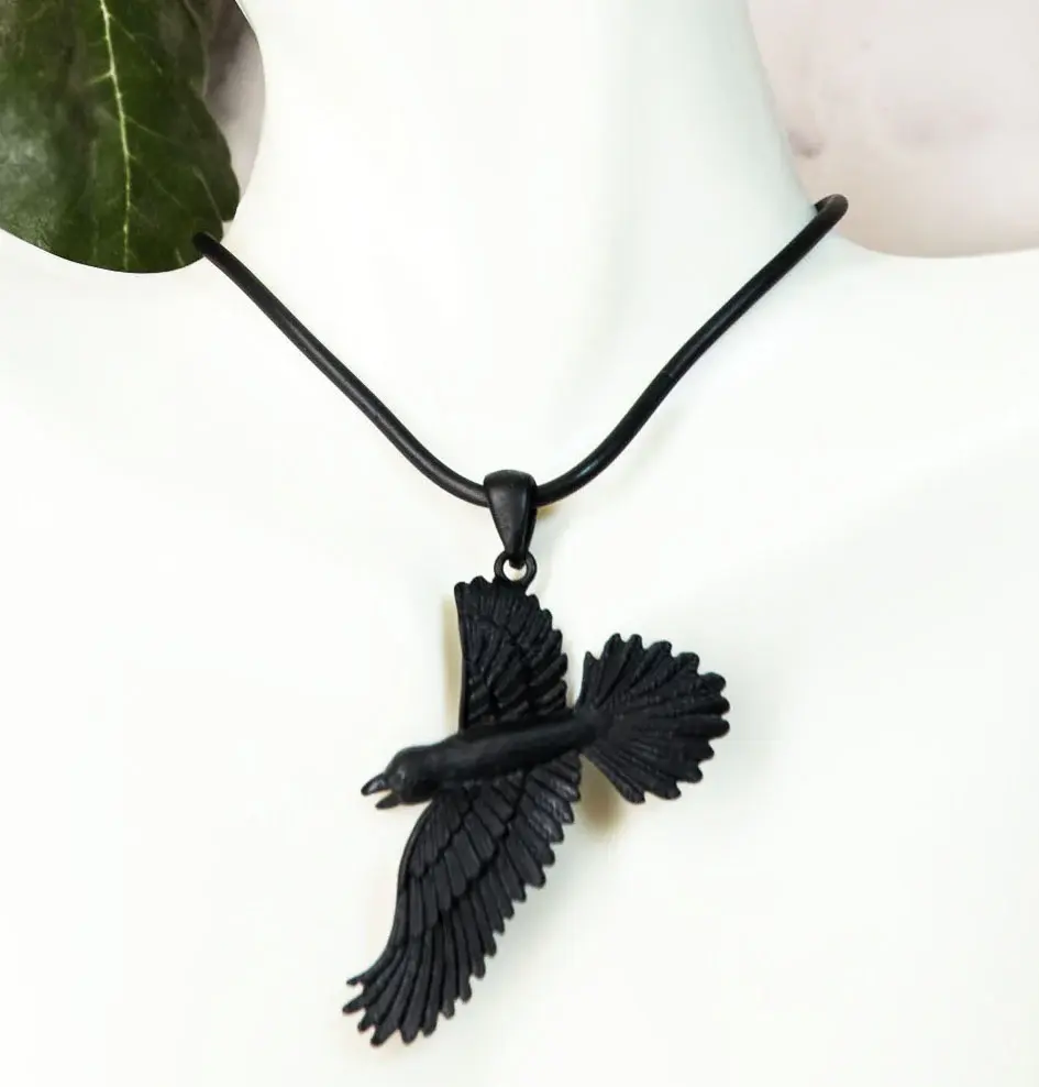 Ebros Gothic Black Raven Crow Scavenger Pendant Medallion Pewter Necklace