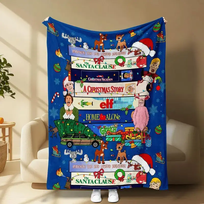 Christmas Movie Blanket Featuring Classics Like Rudolph The Santa Clause Home Alone Elf A Christmas Story The Grinch and More Bright Festive Design with Gifts Snowflakes and Decorations Soft Cozy and Perfect for Holiday Décor or Gifting.-280GSM, Wrinkle R