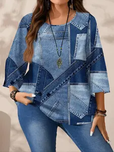 ROSE Casual Style All-over Print Shirt Patchwork, 3/4 Sleeve Design for Spring & Summer, Comfortable Fit for Ages 18 to 44