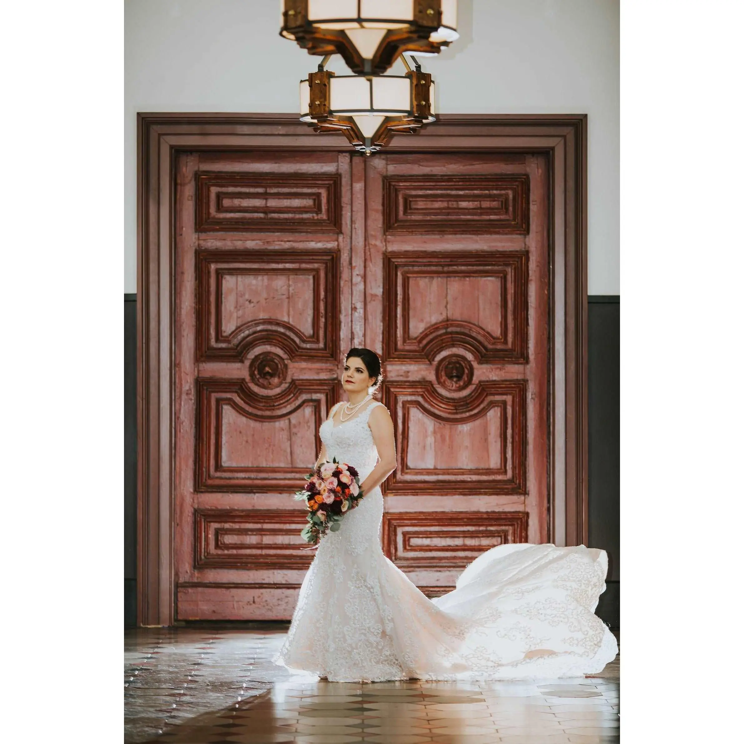 Women's Fit & Flare Wedding Dress in a Scroll Lace Blend with Crystal Beading Detail, a Chapel Train and Zip + Button Back
