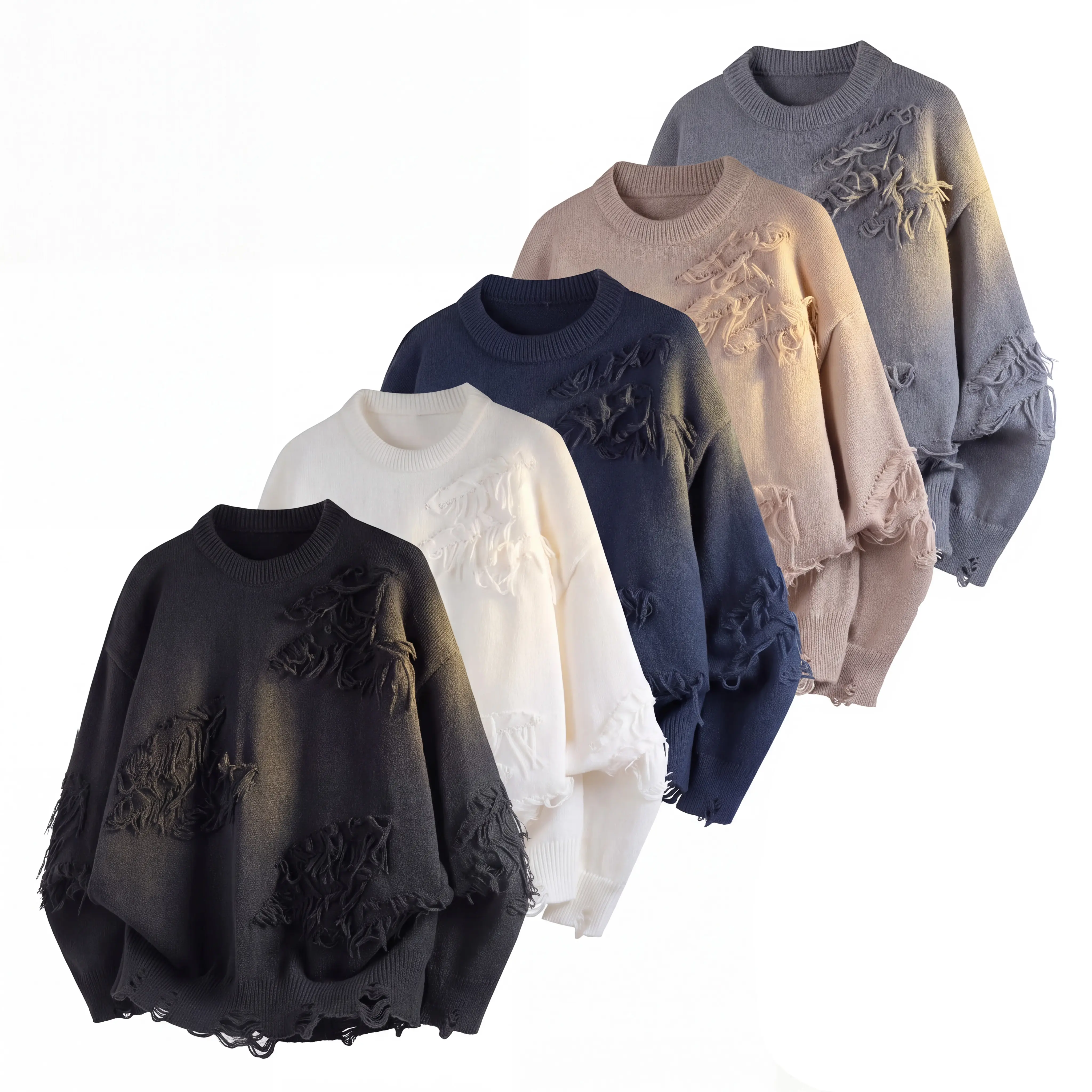 Men's Classic Oversized Long-Sleeve Knitwear Tops - Soft Round Neck, Polyester Fabric, Fringe Distressed, American Street Fashion Menswear for Everyday Outdoor Use