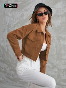 Women's Latest Corduroy Long Sleeve Jacket, Fitted Casual Outerwear, Casual Lapel Design, Single Button Closure, Fall & Winter Fashion, Short Coat for Women Top