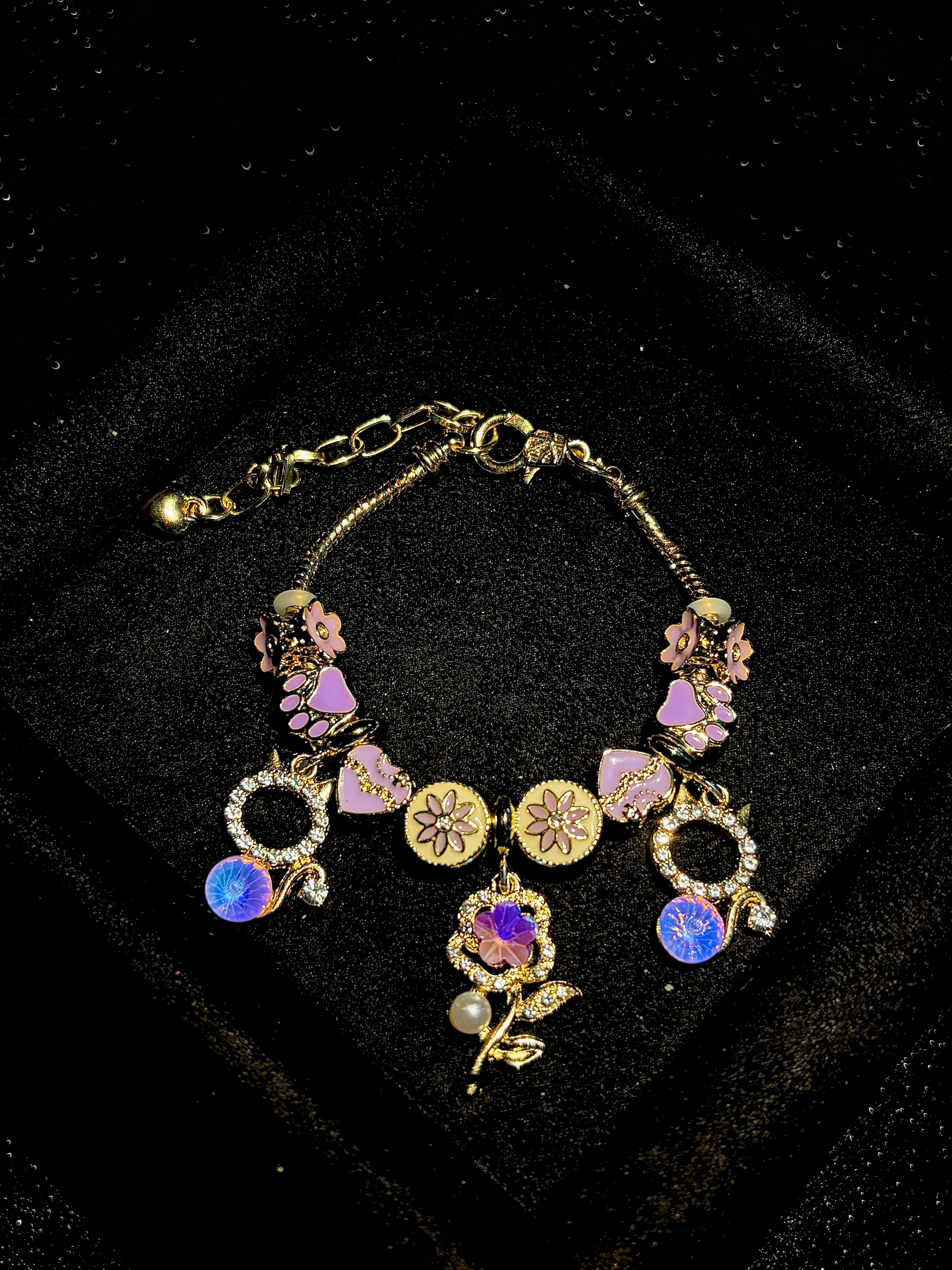 Golden Snake Chain Charm Bracelet, Purple Floral Cat Paw Beaded Bracelet with Opal Crystal Pendant Adjustable Jewelry for Women