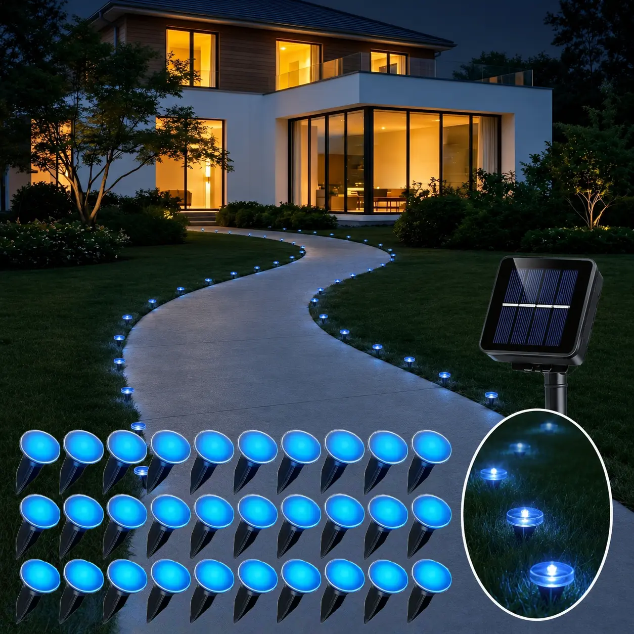Solar Pathway Lights Set of 30, Outdoor Garden Lights with 8 Lighting Modes, Automatic On/off, Ideal for Paths, Camping, Weddings, Festivals, Waterproof Garden Light, Solar Landscape Lights