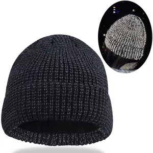 Reflective Winter Beanie Hat for Women Men Adults Visibility Knitted Polar Fleece Lined Cap for Outdoor at Night