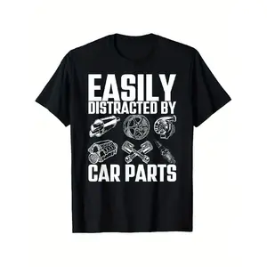 Menswear Short-Sleeve Round Neck T-Shirt, Funny 'Easily Distracted by Car Parts' Mechanic Top, Humorous Automotive Engine Graphic, 100% Relaxed Fit Unisex Tee, S-XXXL Sizes, Black with White Print, Durable Streetwear for Mechanics