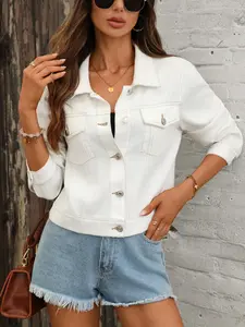 Women's Denim Jacket, Collared, Short Sleeve Design, Single Row Button Closure, Contrast Stitching Detail, Casual Style Outerwear