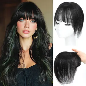 Hair Toppers for Women Real Human Hair， 360° 3D Cover Hair Topper Clip in Bangs 10 Inch Realistic Scalp Pieces for Women with Thinning Crown (Black, Wispy Bangs)