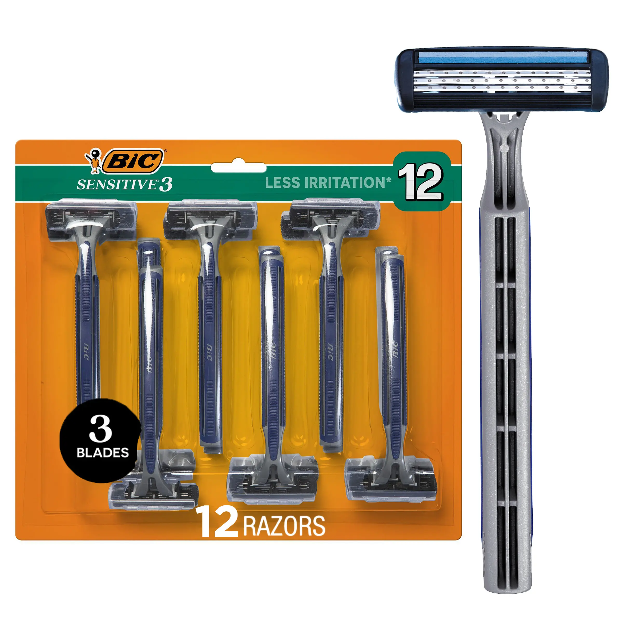 Men's BIC Sensitive 3 Disposable Shaving Razors - 3 Razorblade Titanium Handle, Face & Body Shaving Ready, Sensitive Skin, 12-Pack, Face Or Body Shaving Ready