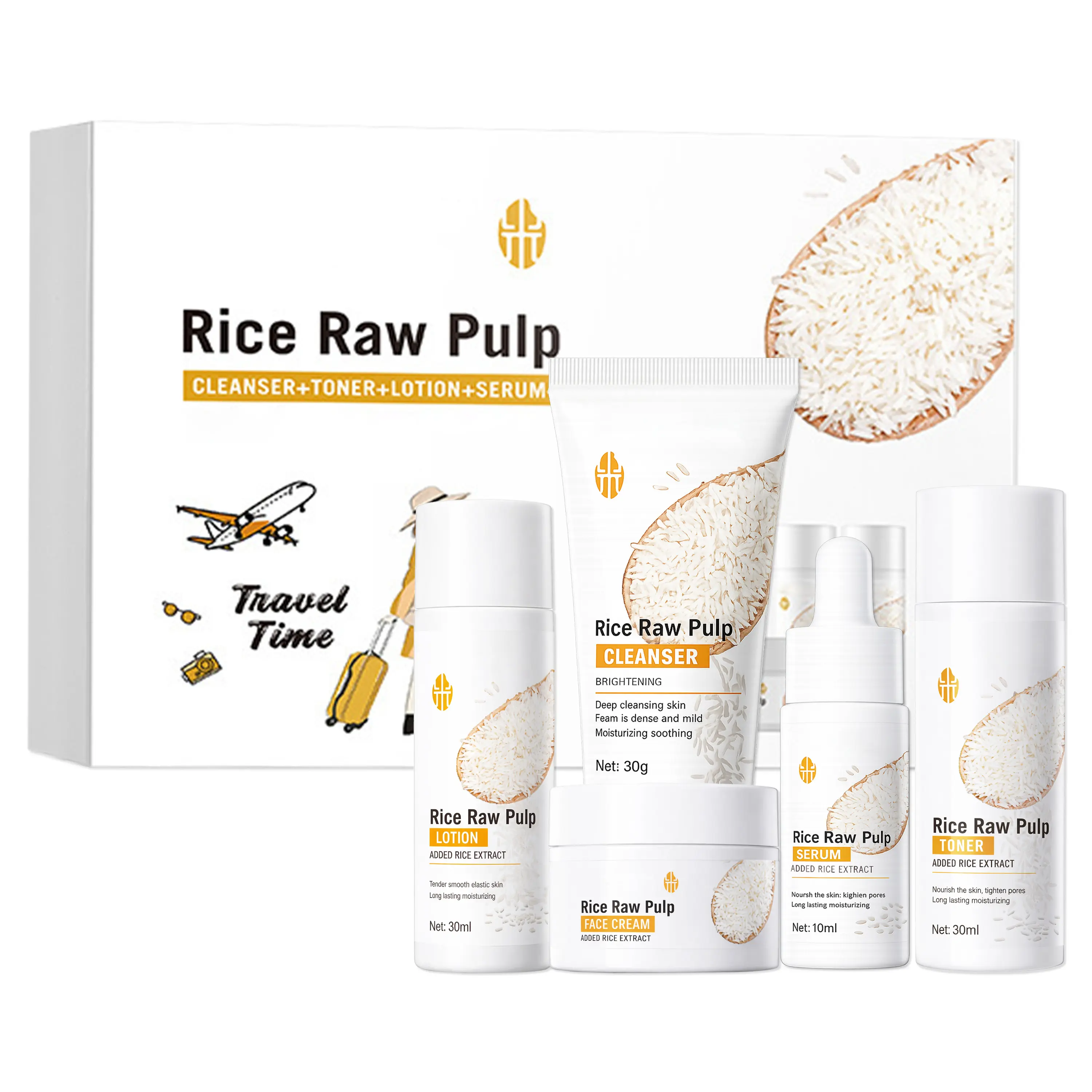 Rice Skincare Travel 5-Piece Set, Rice Extract Cleanser Toner Serum Lotion Face Cream, Daily Hydration Gentle Care Starter Set Essential Skin Set Glowing Skin Kit Moisture Skin Repair Glow Up Kit