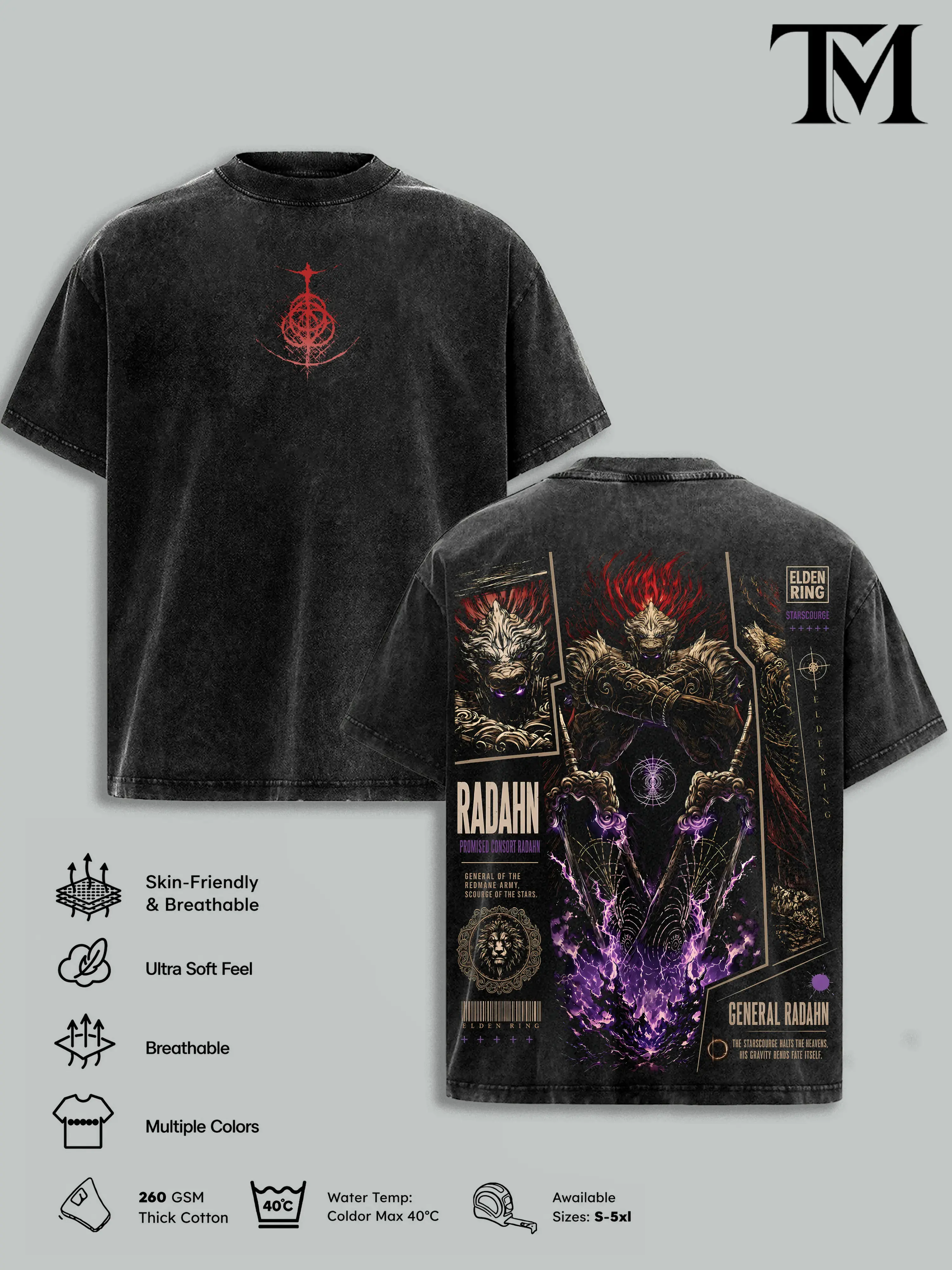 Men's Oversized Vintage Washed Heavyweight Cotton Round Neck Short Tops - 5 Elden Ring Prints (Ranni, Malenia, Radahn, Maliketh) Dark Fantasy Soulslike RPG Streetwear, FromSoftware Gamer Merch Gift for Fans, Menswear