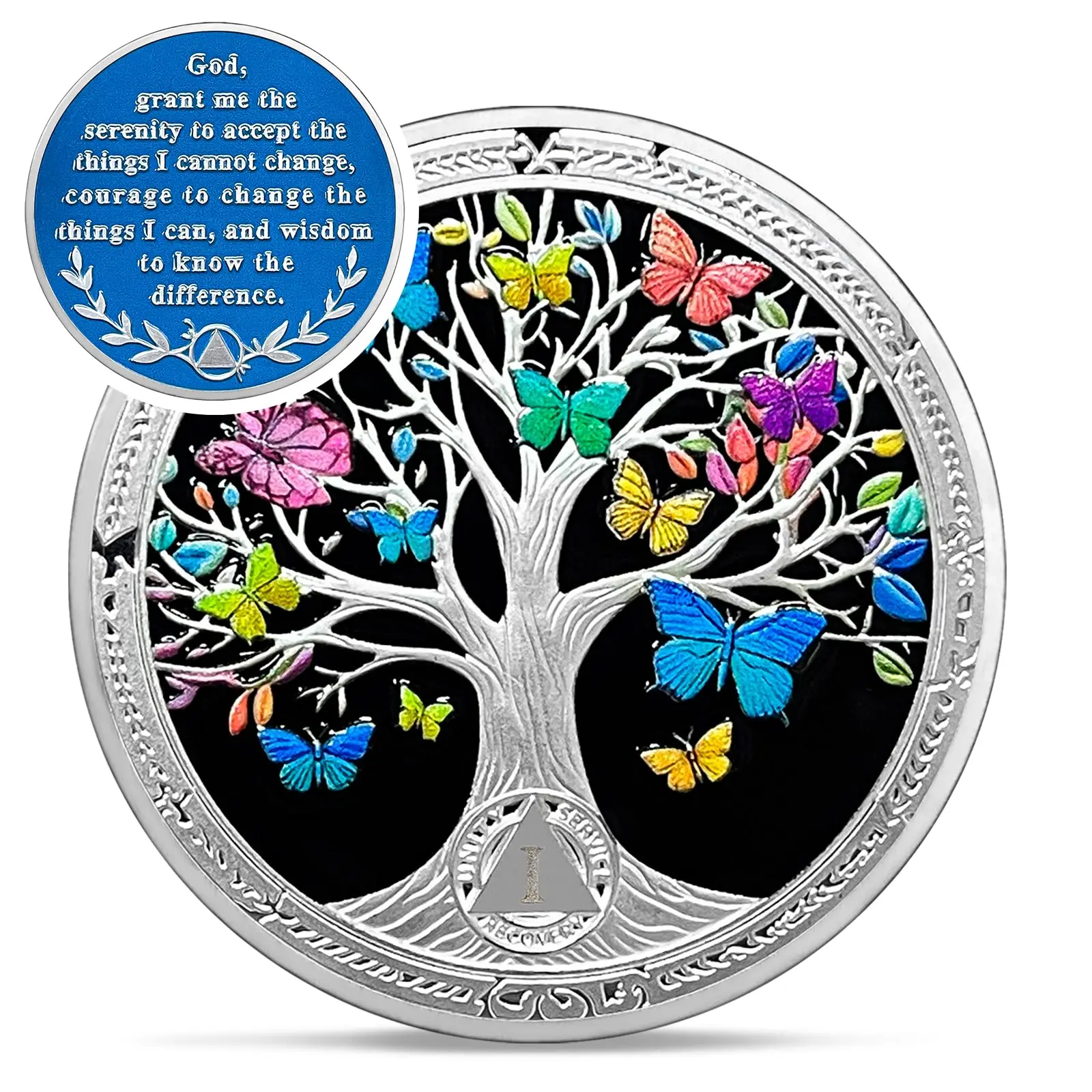1 Year Sobriety Coin Recovery Medallion with Serenity Prayer, Butterfly Tree of Life AA Sobriety Chip, Sober Anniversary Sobriety Gift for Men Women Sponsor Sponsee