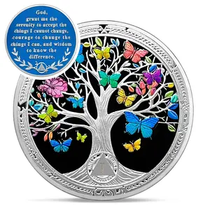 1 Year Sobriety Coin Recovery Medallion with Serenity Prayer, Butterfly Tree of Life AA Sobriety Chip, Sober Anniversary Sobriety Gift for Men Women Sponsor Sponsee