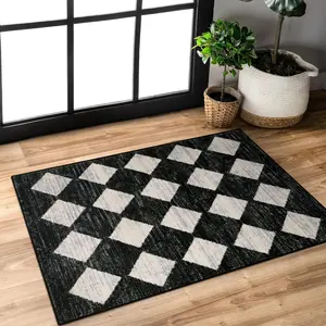 Moroccan trellis area rug 2x3 printed small black checkered entryway rug non slip kitchen mat stain resistance indoor modern floor soft throw carpet for front door bathroom sink bedroom