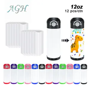 AGH US 12pcs 12 OZ Stainless steel Sublimation Kids Water Bottler Tumbler with Flip Lids and Rubber Bottom, Shrink Wrap
