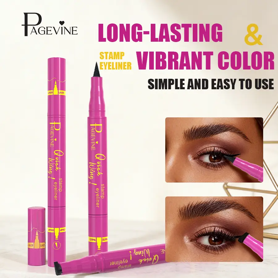 2-in-1 winged eyeliner stamp pen, with a double-ended design, easily creates a cat-eye look.  It features a waterproof, smudge-proof, and long-lasting formula, perfect for makeup beginners and everyday use. Cosmetic